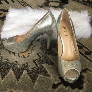 Guess Peep-toe Silver Metallic Heels- Size 6.5